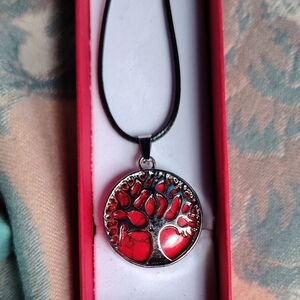 Elegant Red and Silver Tree Pendant Necklace